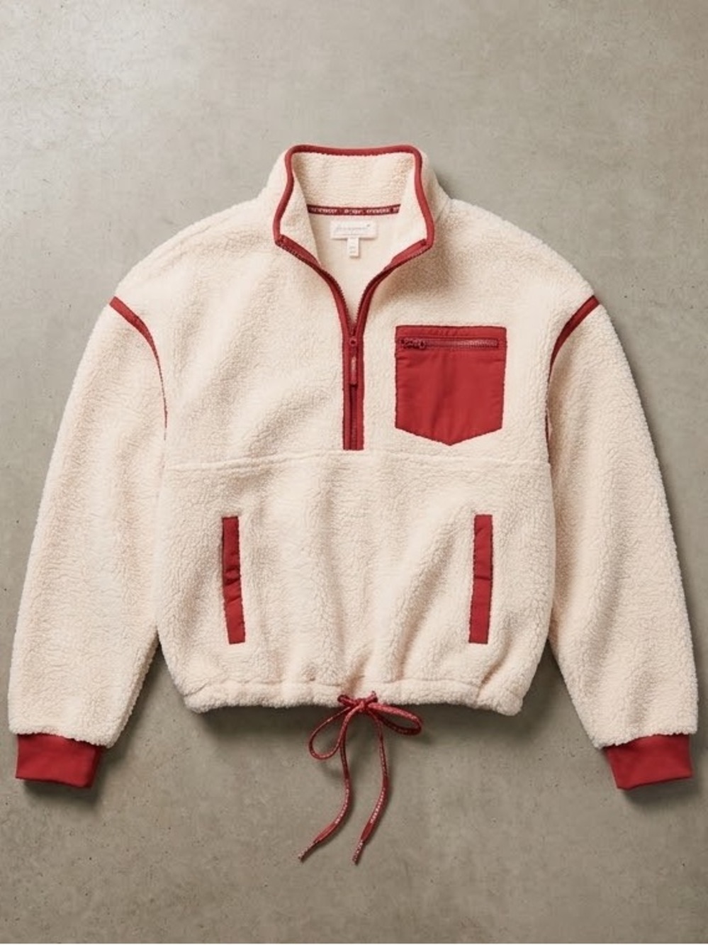 FP Movement Cropped Quarter-Zip Sherpa Fleece Pullover, Cream/Red - Size XS/TP